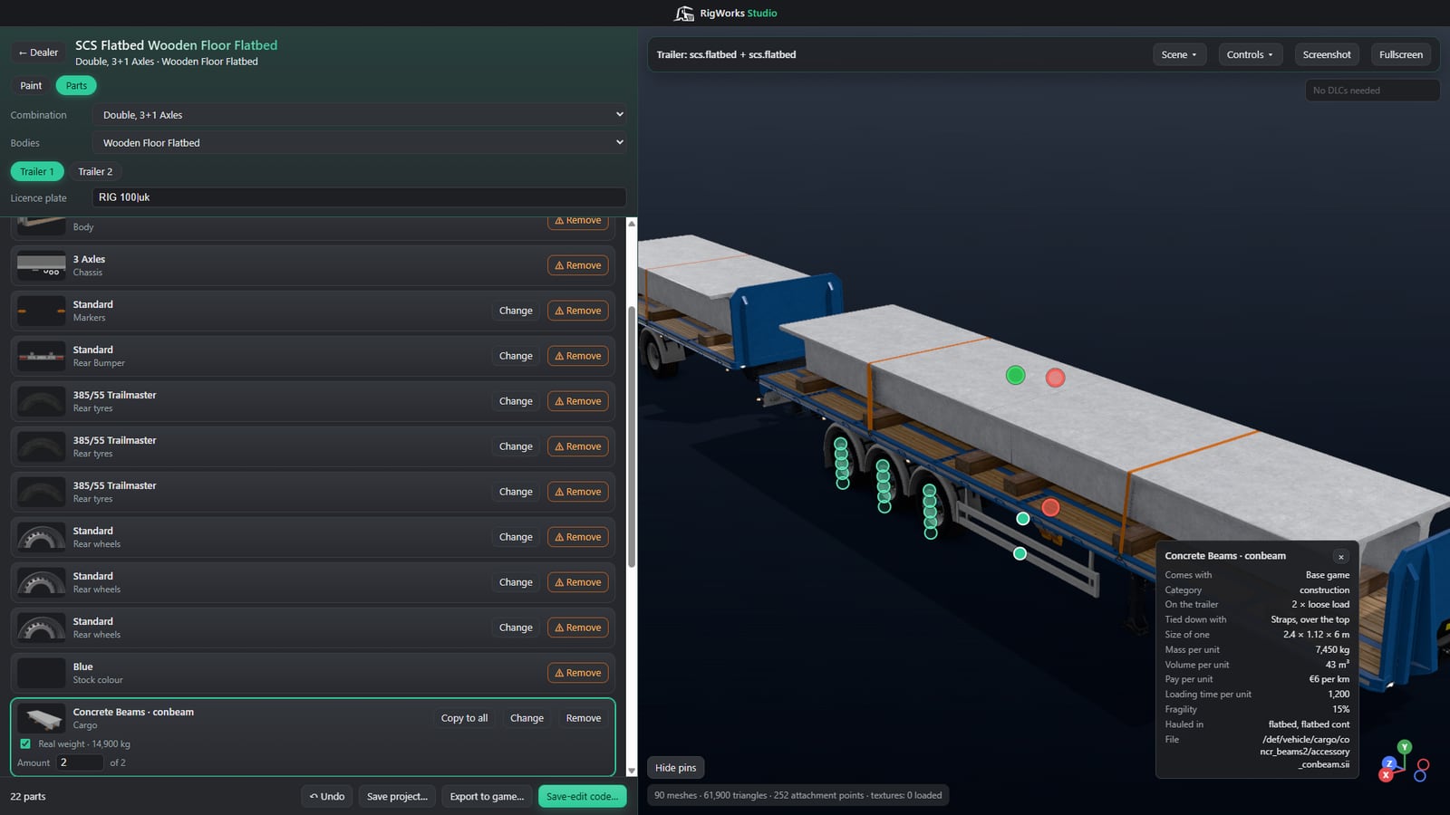 A loaded double trailer combination