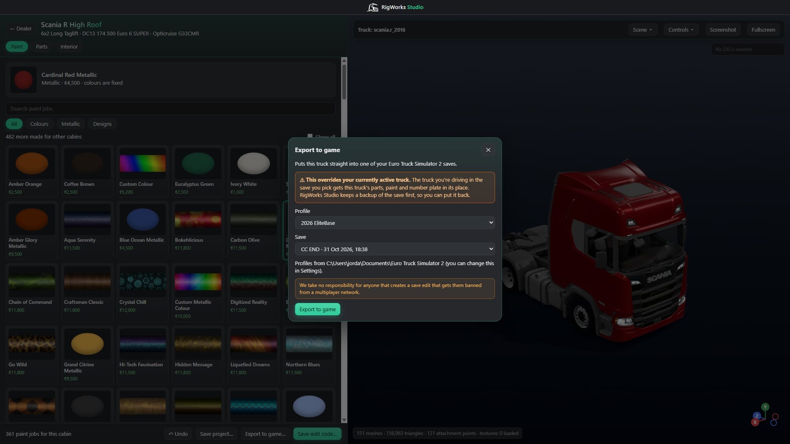 The export to game window listing profiles and saves