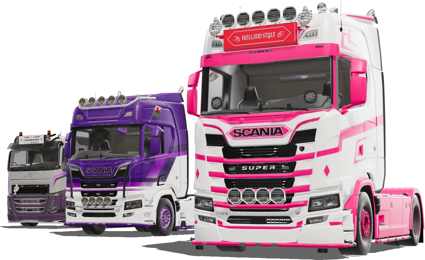 Three community trucks parked in a line: a pink and white Scania, a purple and grey Volvo and a purple Scania
