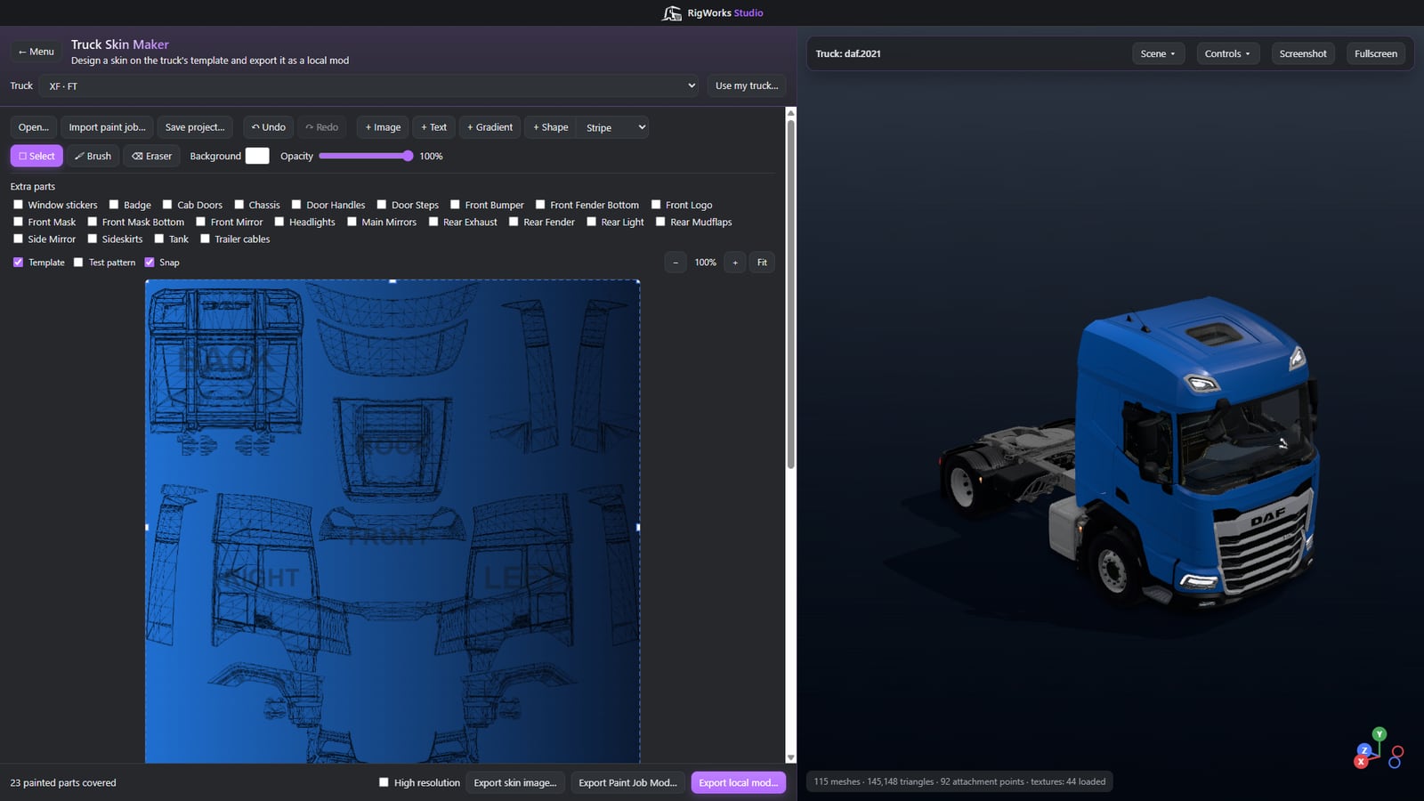 The Skin Maker with a truck template beside a 3D preview